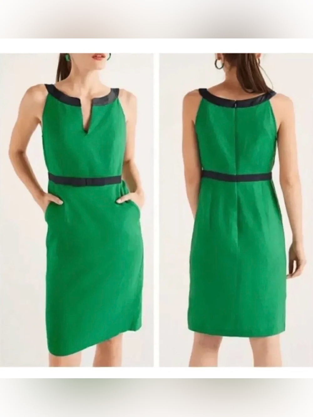 Boden NWT Green Linen Blend Sheath Dress US 12R Navy Trim Classic Work Dress